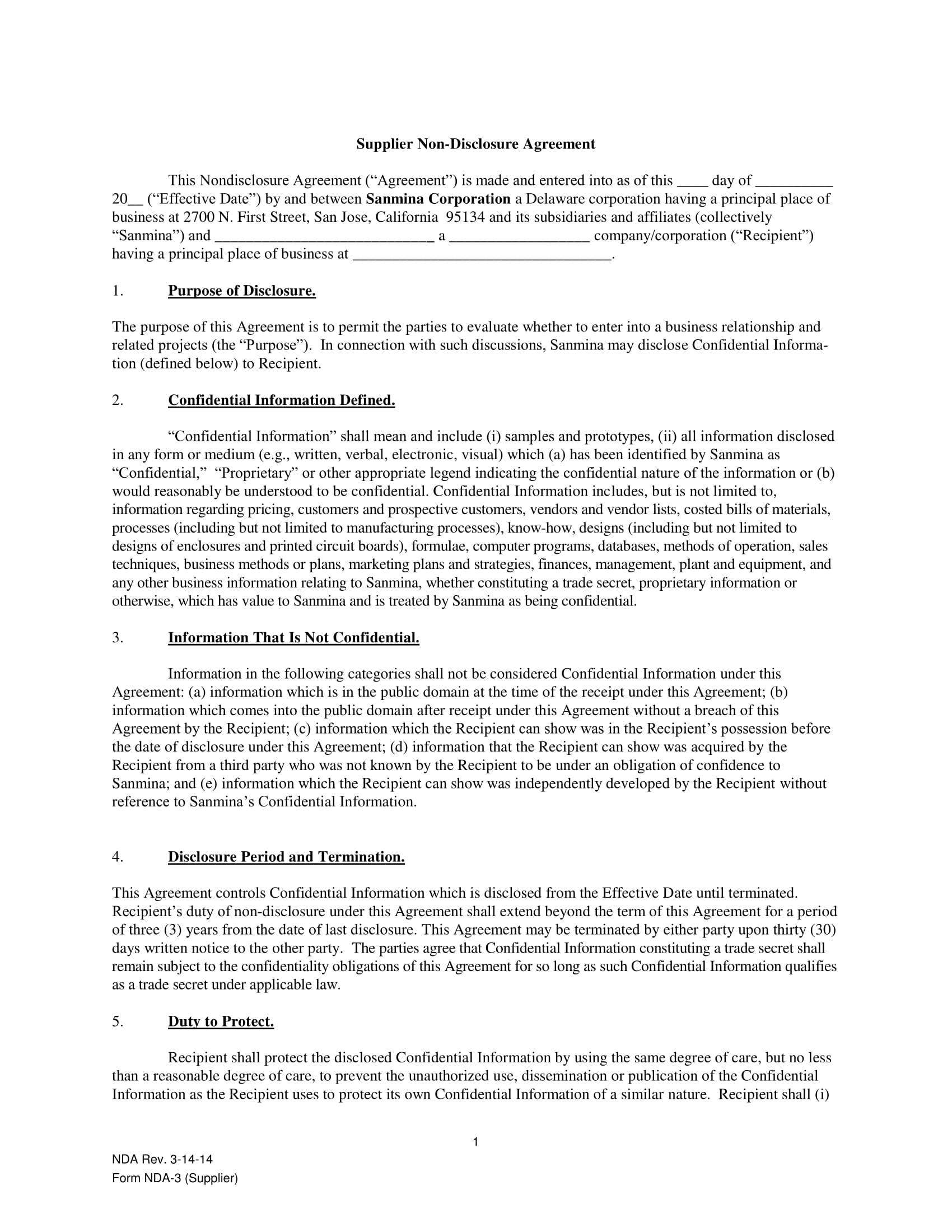 supplier non disclosure agreement contract form 1