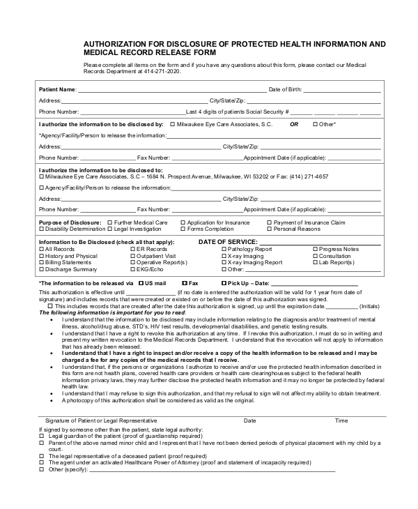authorization for disclosure medical record release form