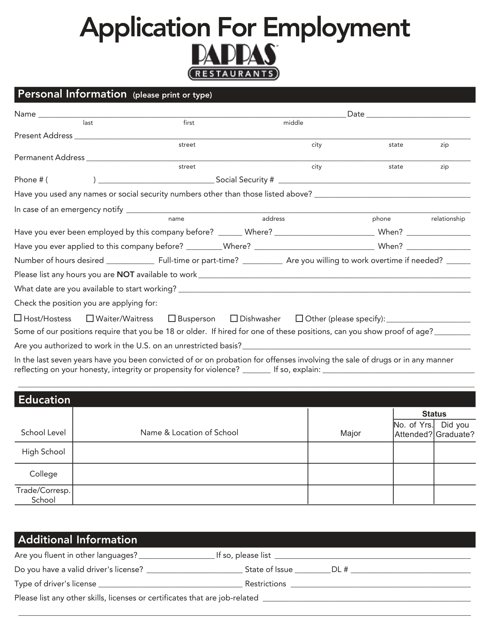 barbecue catering restaurant employment application form 1