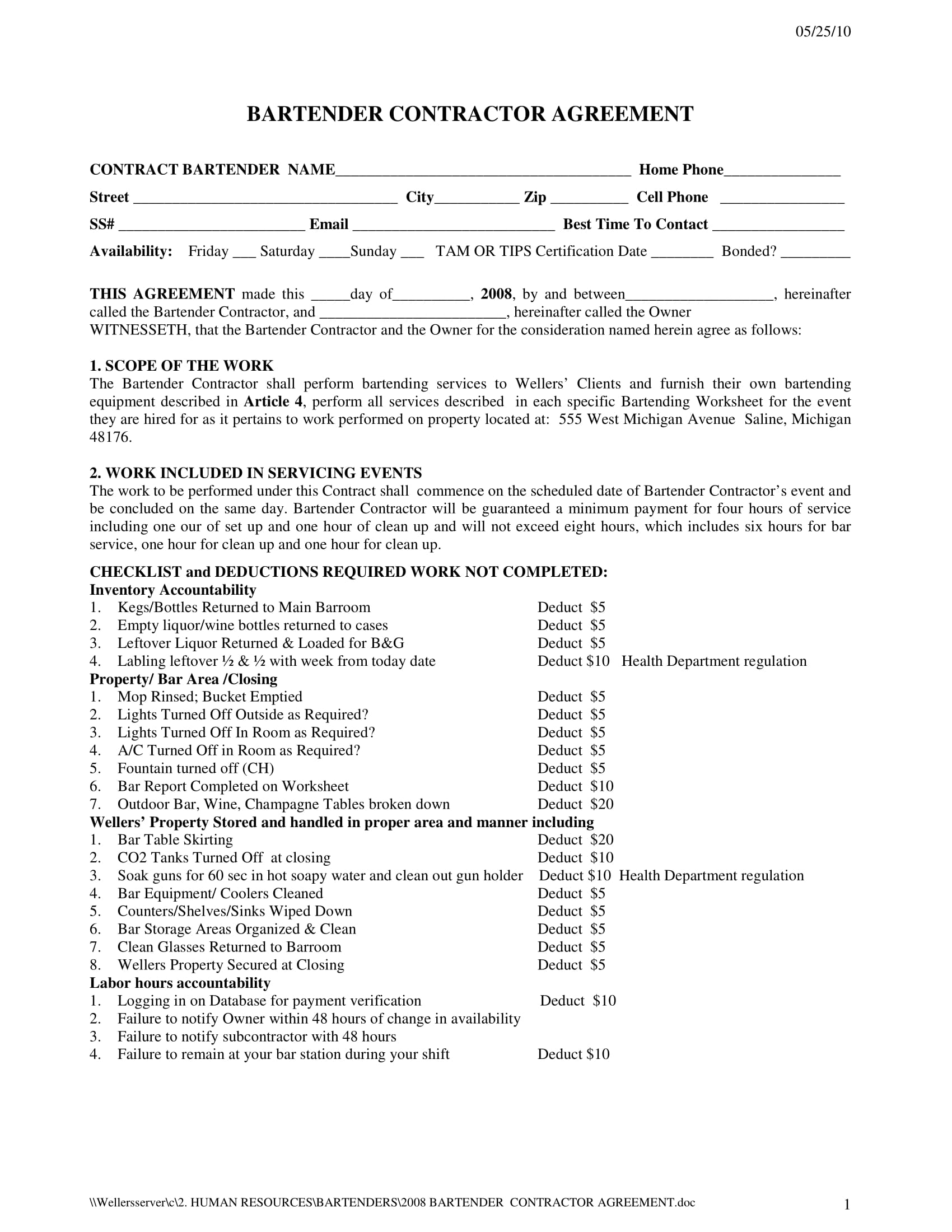 FREE 5  Bartender Contract Forms in PDF MS Word