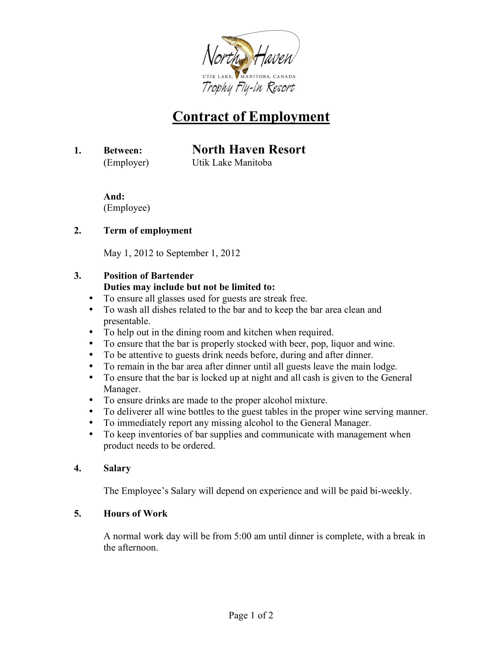 bartender employment contract form 1