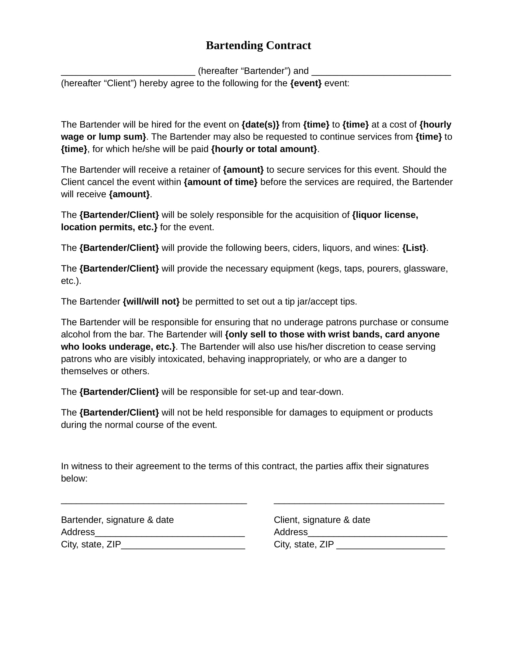 Free 5 Bartender Contract Forms In Pdf Ms Word