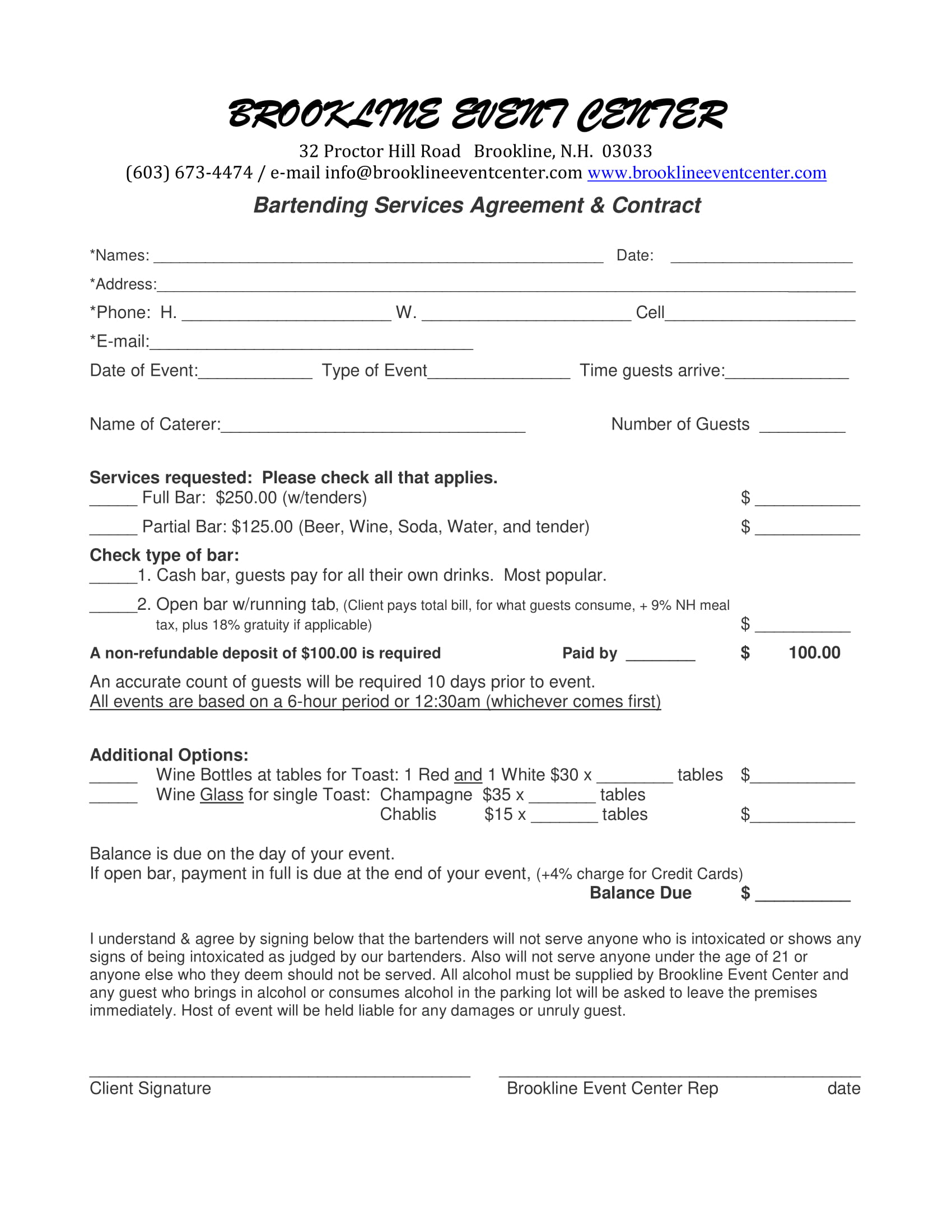bartending services agreement contract form 2