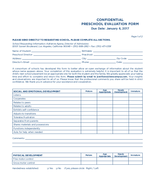 confidential preschool evaluation form