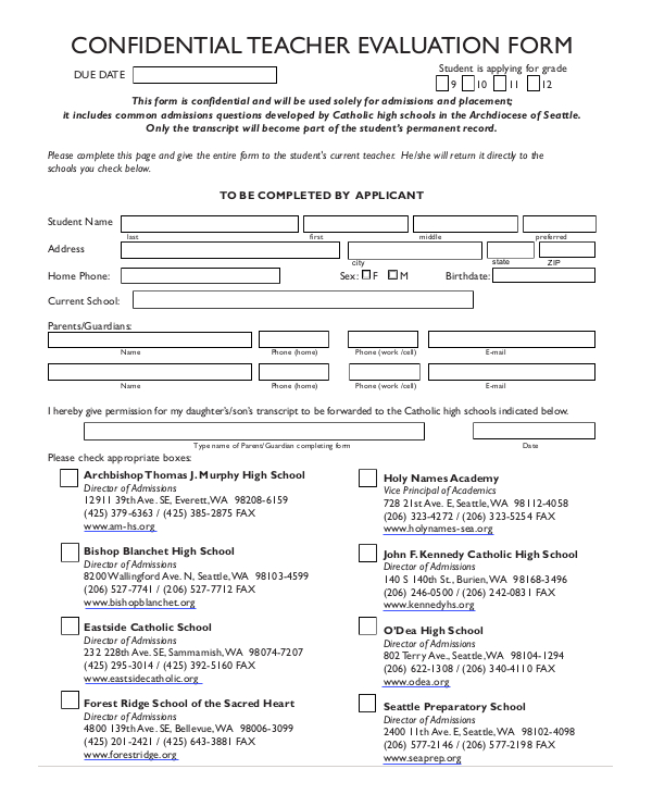 confidential teacher evaluation form