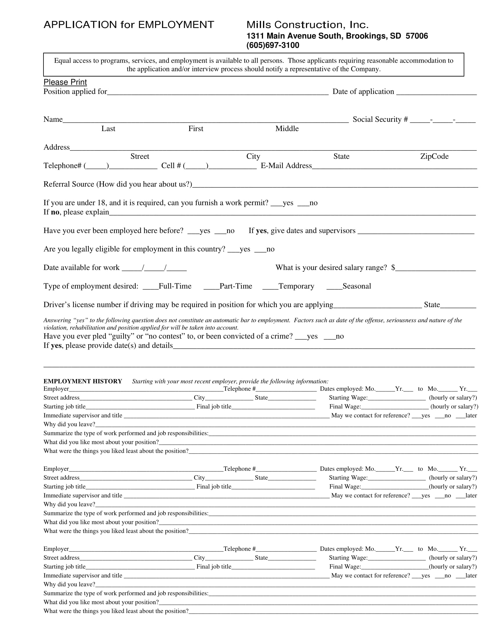 construction employment application form 1