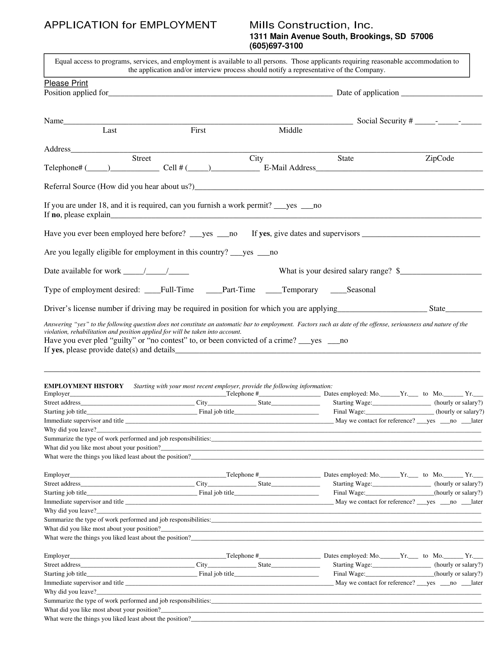 Construction Job Application Template