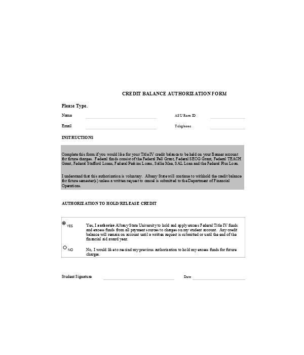 credit balance authorization release form