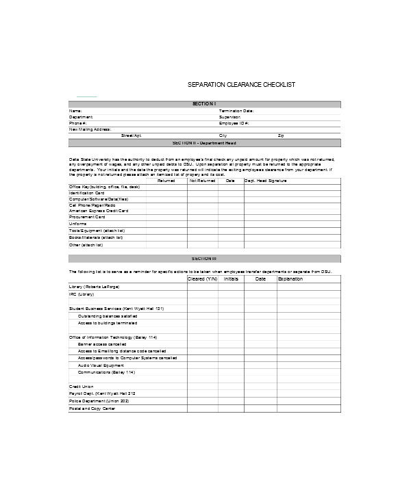 employee separation clearance checklist form