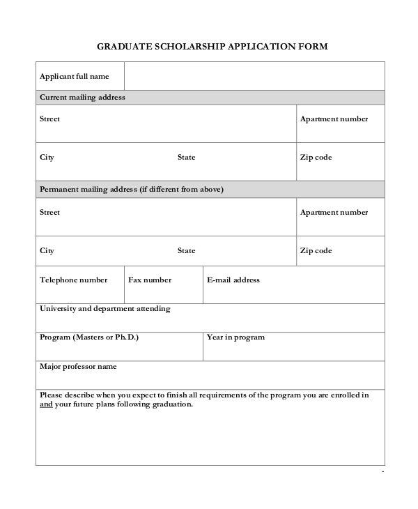 graduate scholarship application form in pdf