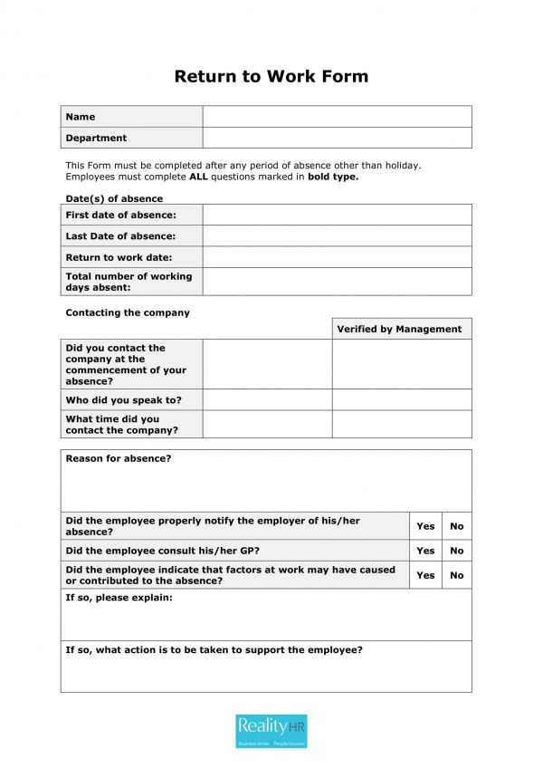 Printable Return To Work Form Template Printable Templates