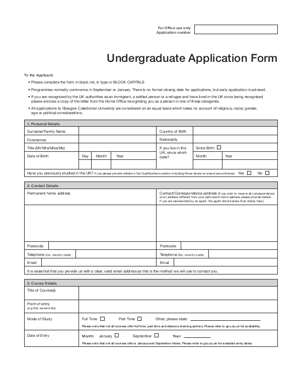 sample undergraduate application form