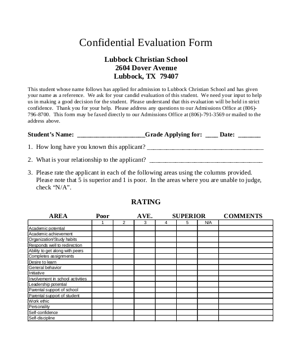 school confidential evaluation form