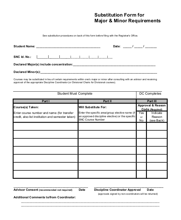 substitution form for major minor requirements