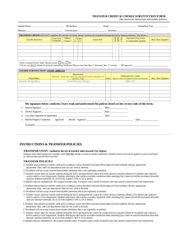 transfer credit course substitution form