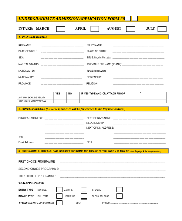 undergraduate admission application form