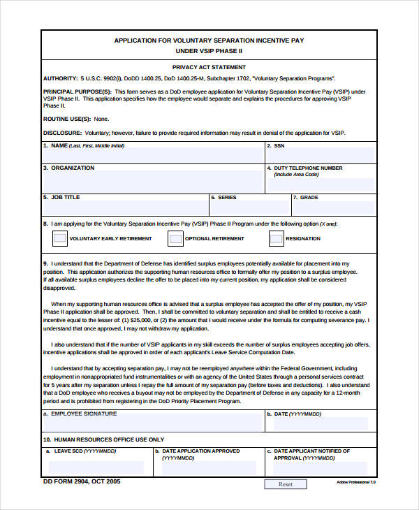 application for voluntary separation incentive pay