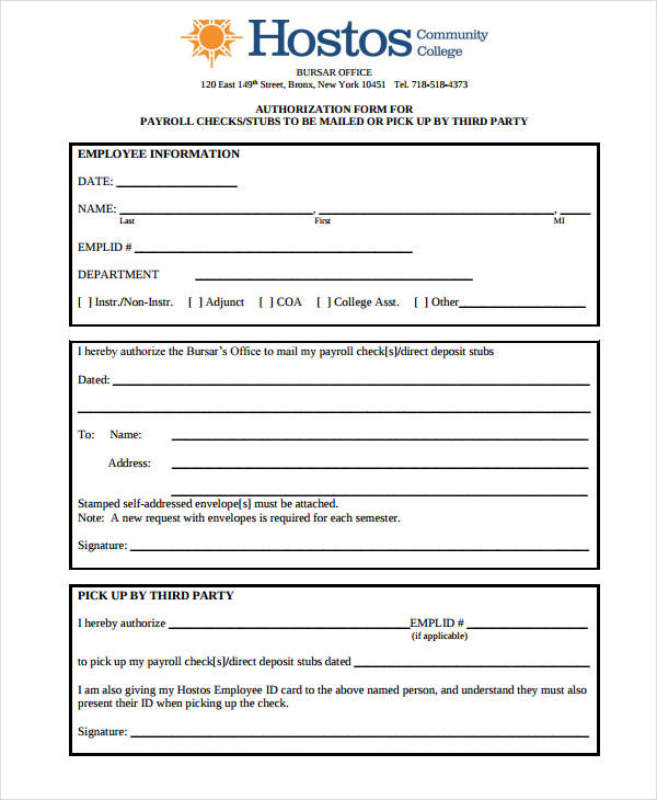 authorization form for payroll checks