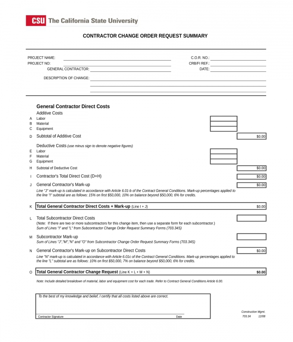 contractor change order request summary form