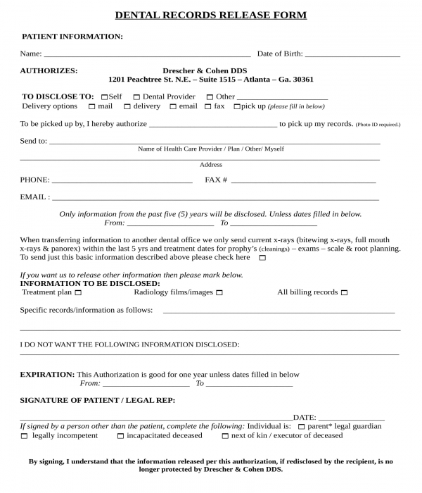 dental records release form in doc