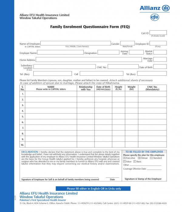 family enrollment questionnaire form