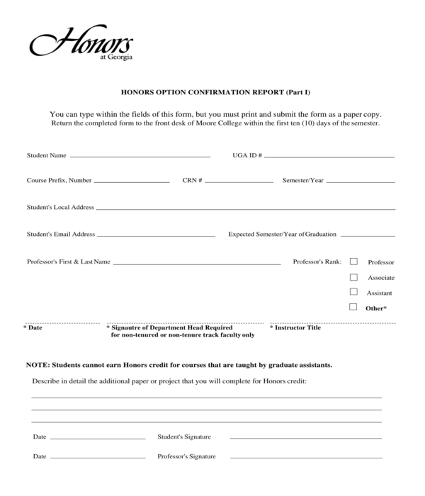 honors option confirmation report form