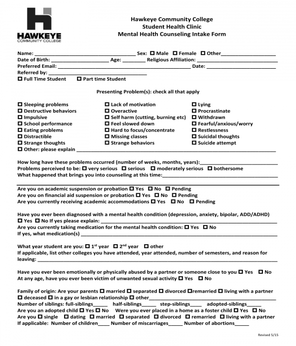 Printable Mental Health Intake Form Template