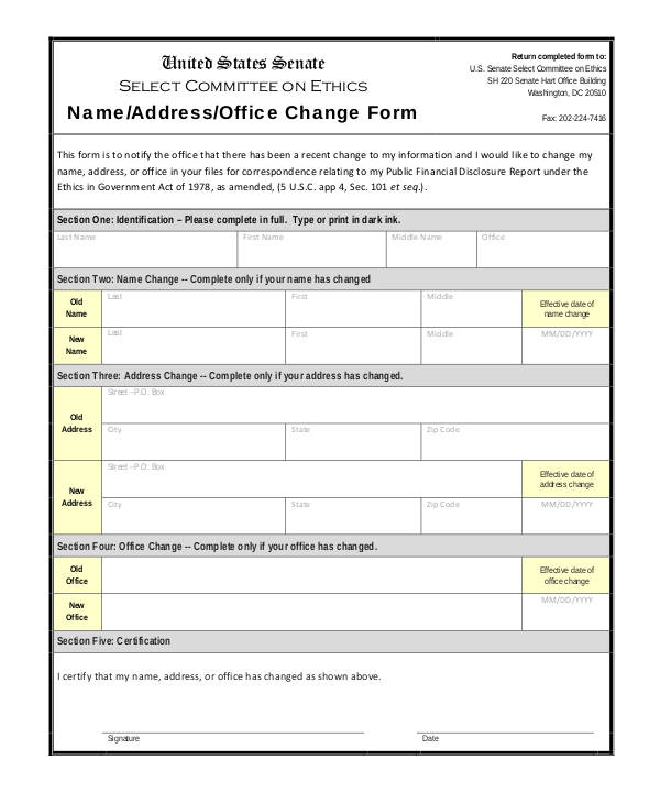 name address office change form