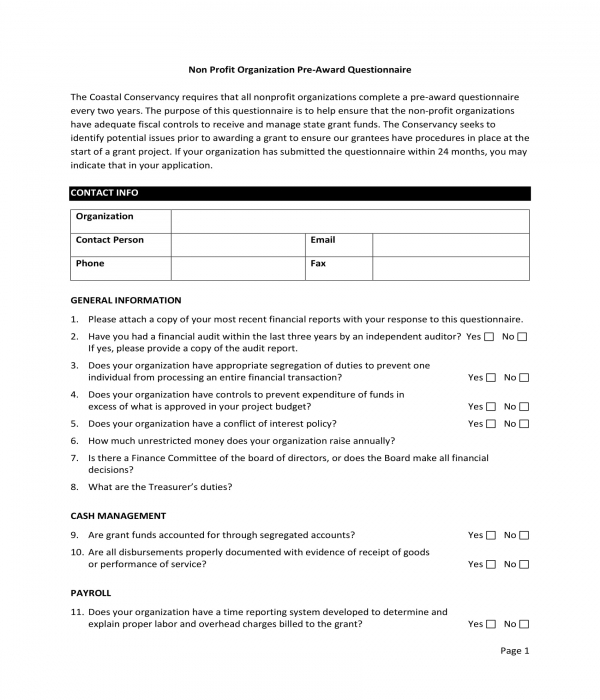 non profit pre award questionnaire form