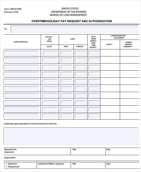 overtime holiday pay request and authorization