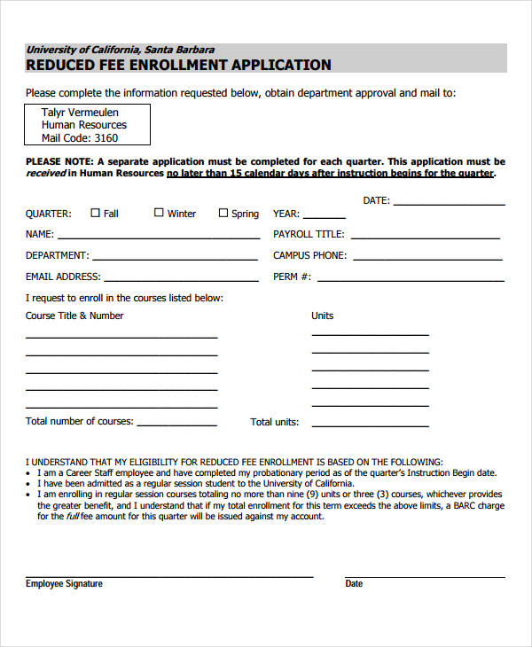 printable reduced fee enrollment application form