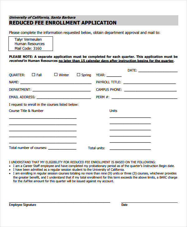 FREE 10+ Reduced Fee Enrollment Application Forms in PDF MS Word