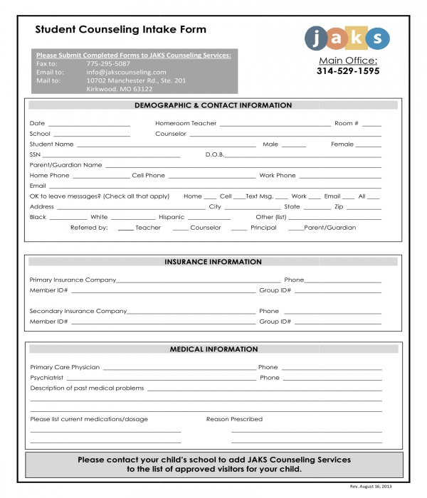 student counseling intake form