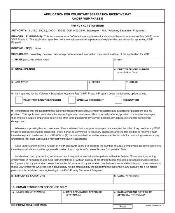 voluntary separation incentive pay application form