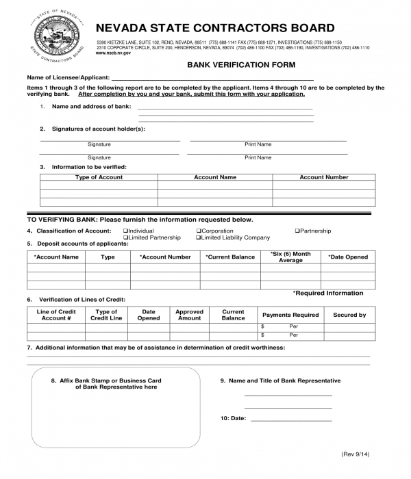 bank verification form sample