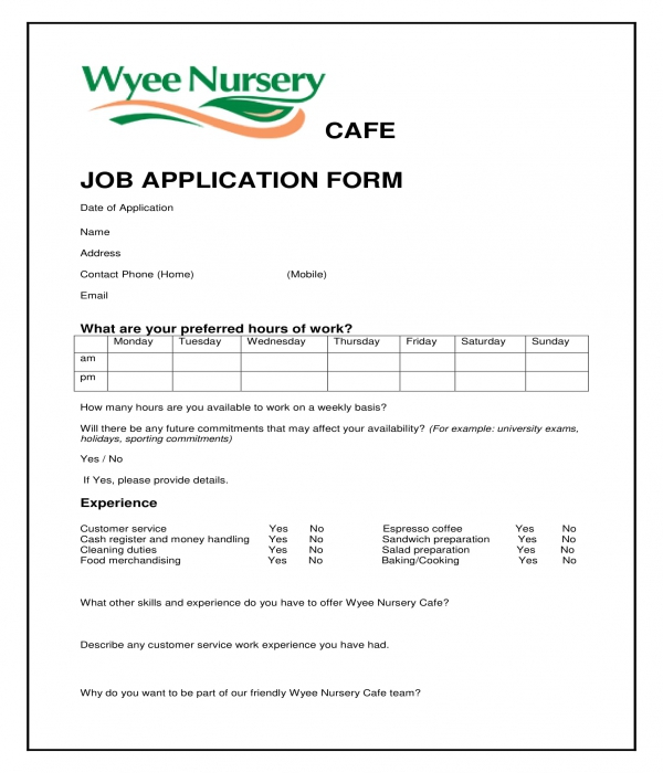 cafe job application form