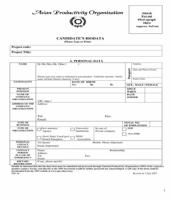 candidate bio data form