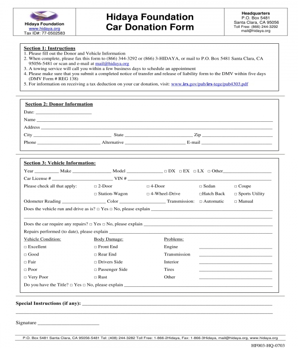 car donation form sample
