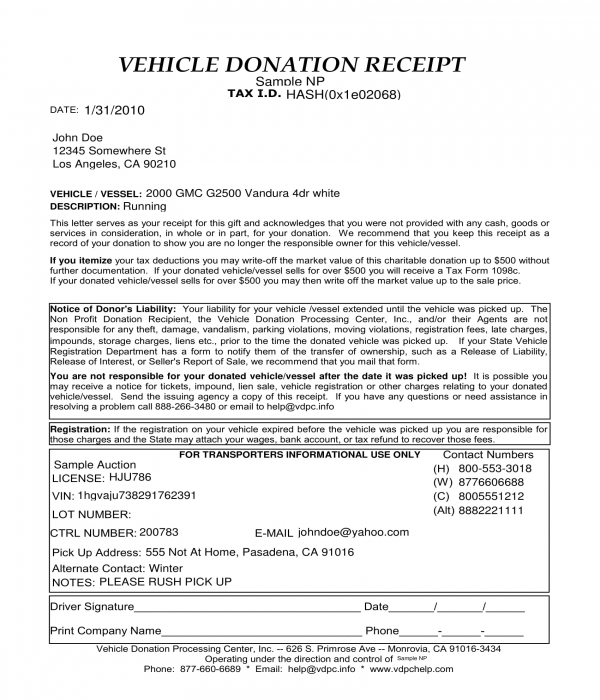 car vehicle donation receipt form