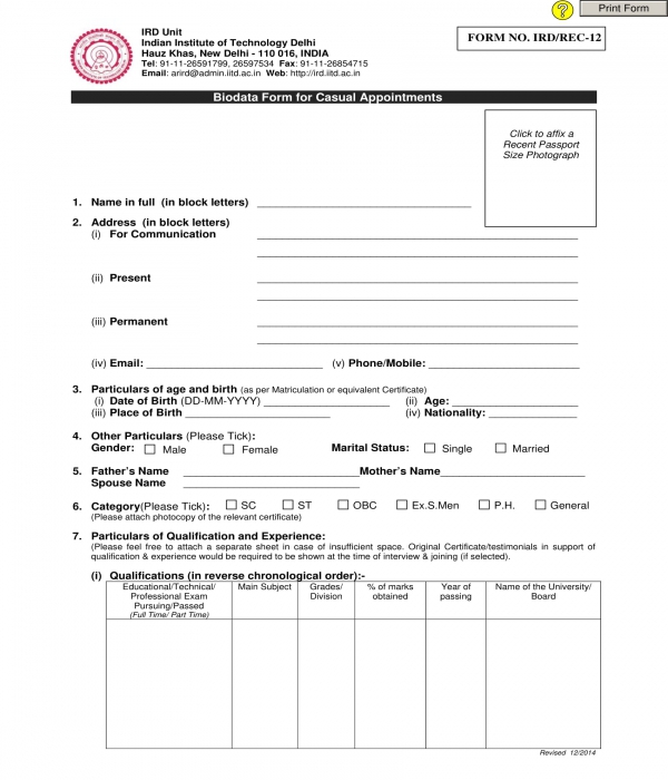 casual appointment bio data form