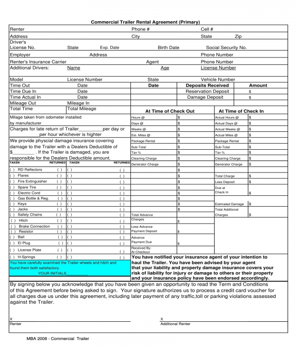 commercial trailer rental agreement form