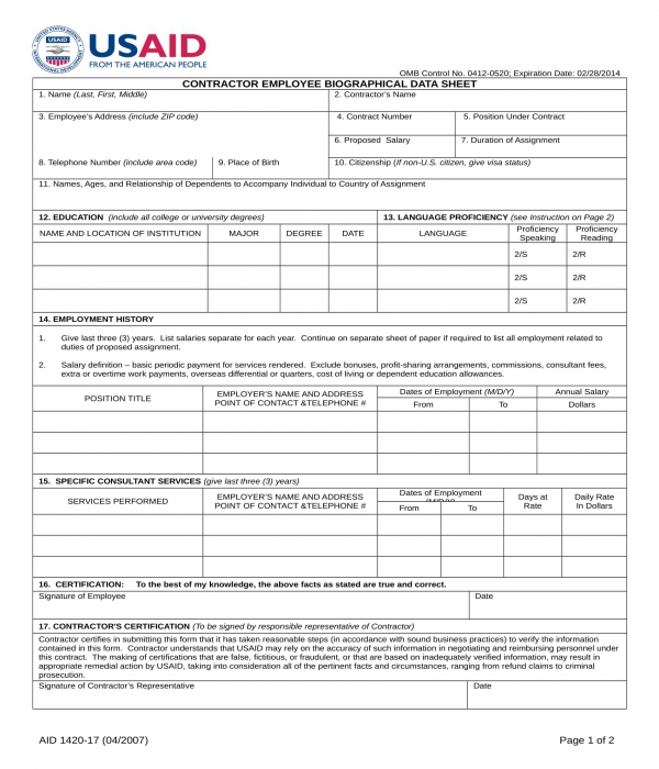 contractor employee bio data sheet form