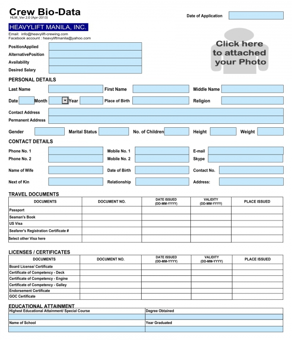 crew bio data form