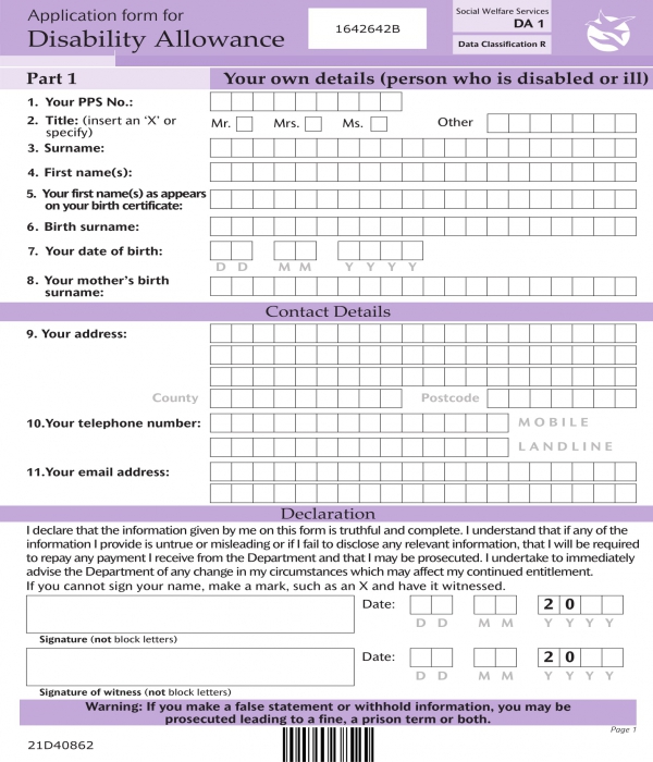 disability allowance application form template