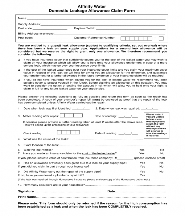 domestic leakage allowance claim form template