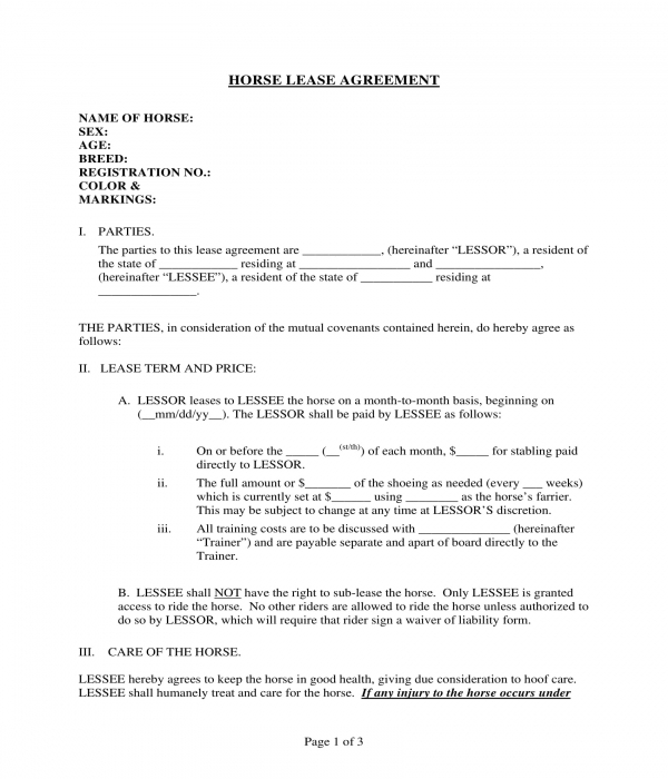 horse lease agreement form