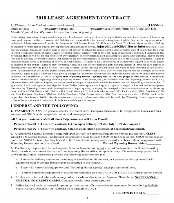 horse trailer lease rental agreement form