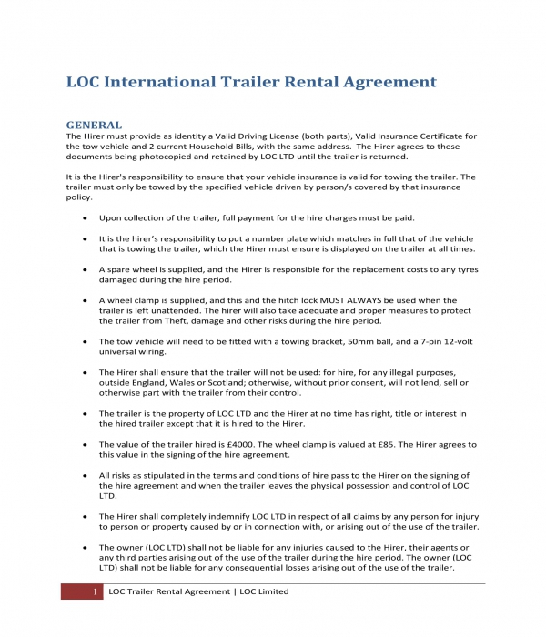 Printable Trailer Rental Agreement Template