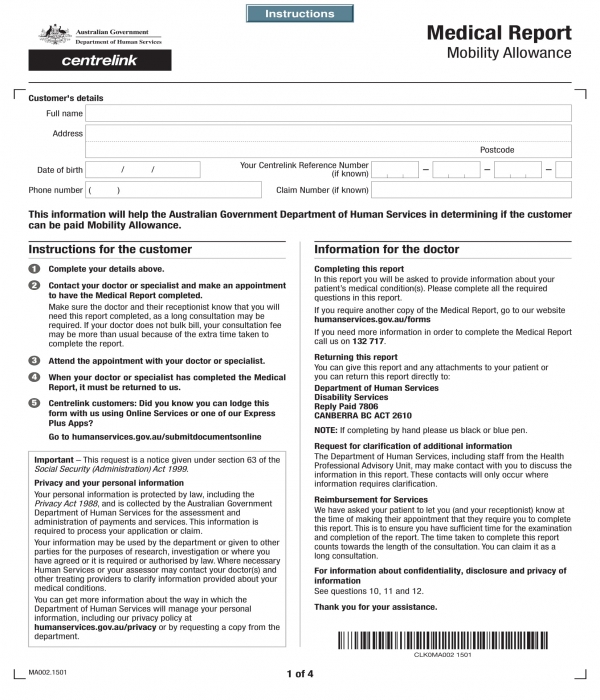 medical report mobility allowance form template