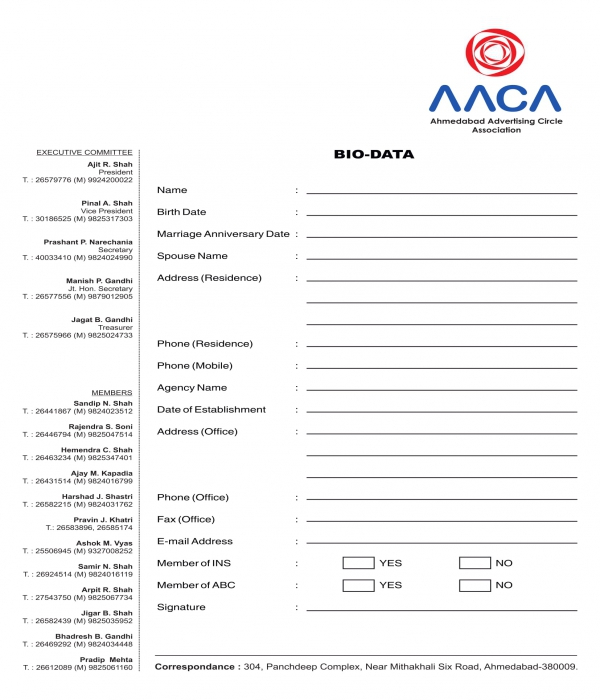 member bio data form